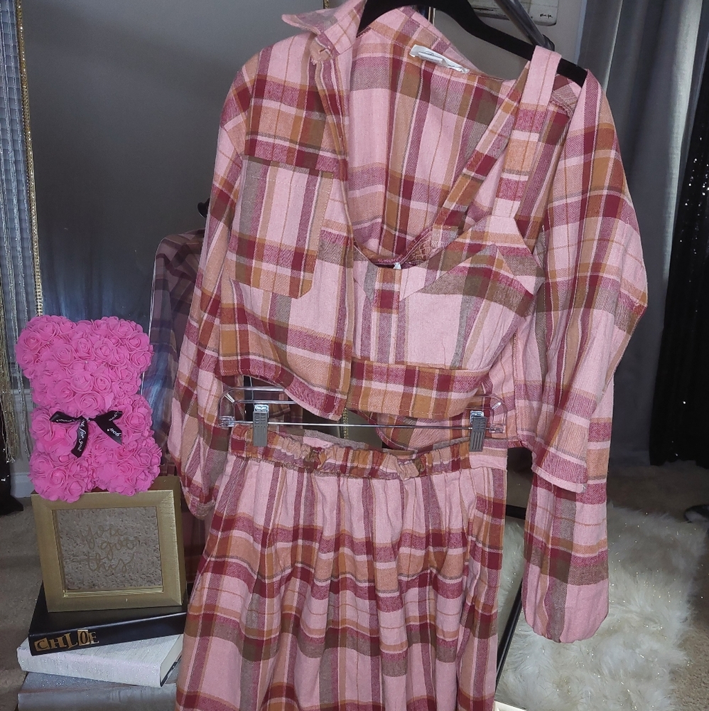 *Worn Once*  3 piece set pink plaid skirt set . size Medium